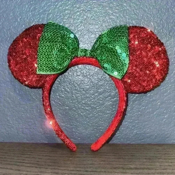 Disney Parks Christmas Red Sequins w/ Green Bow Minnie Ears Headband RETIRED